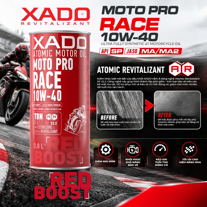 XADO RED BOOST Moto Pro Race 10W40 4T 0.8L 3 Atomic Revitalizant (AR) – Phiên bản nâng cấp công nghệ phục hồi động cơ